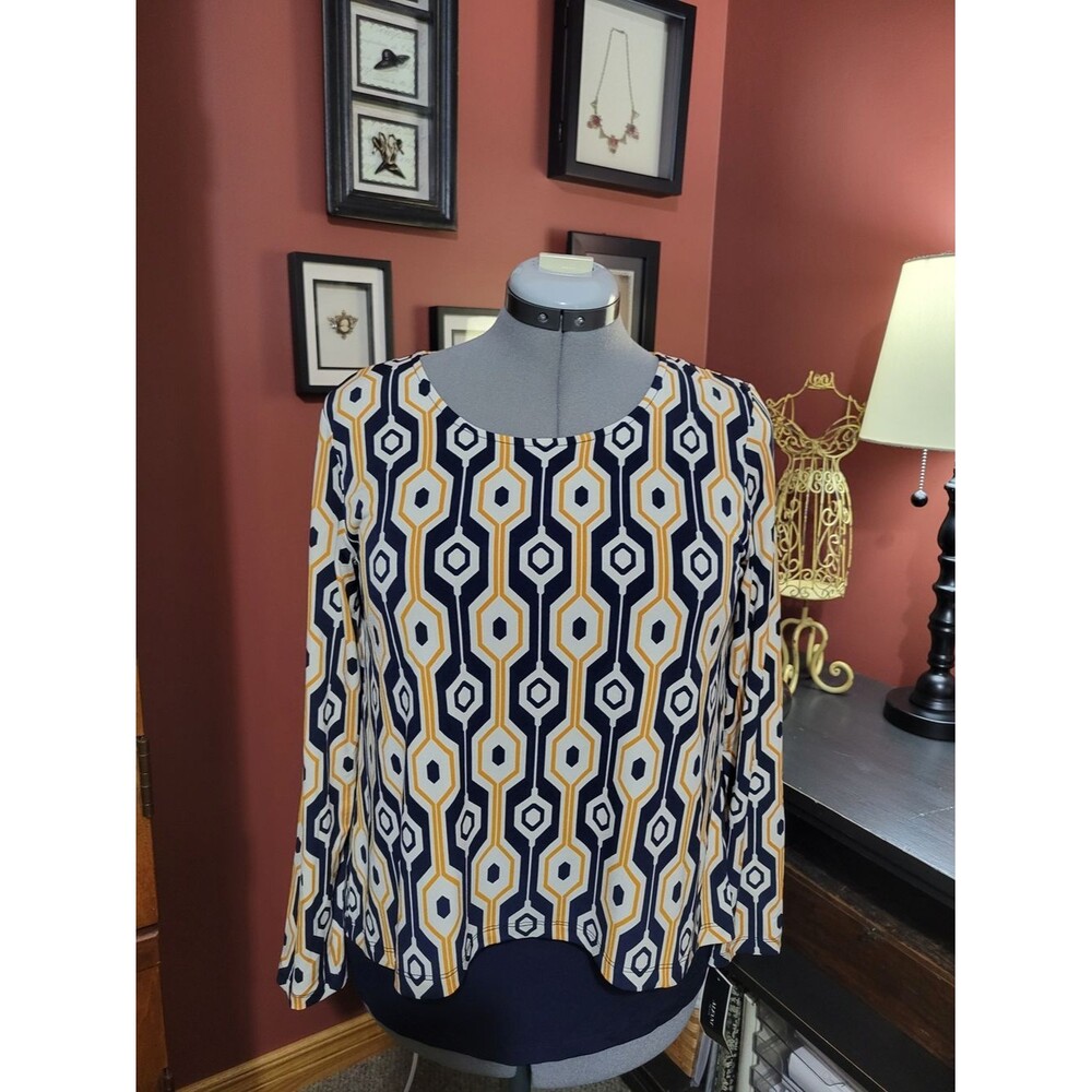 Alfani Petite Large Navy & Mustard Geometric Long-Sleeve Blouse Businesscasual